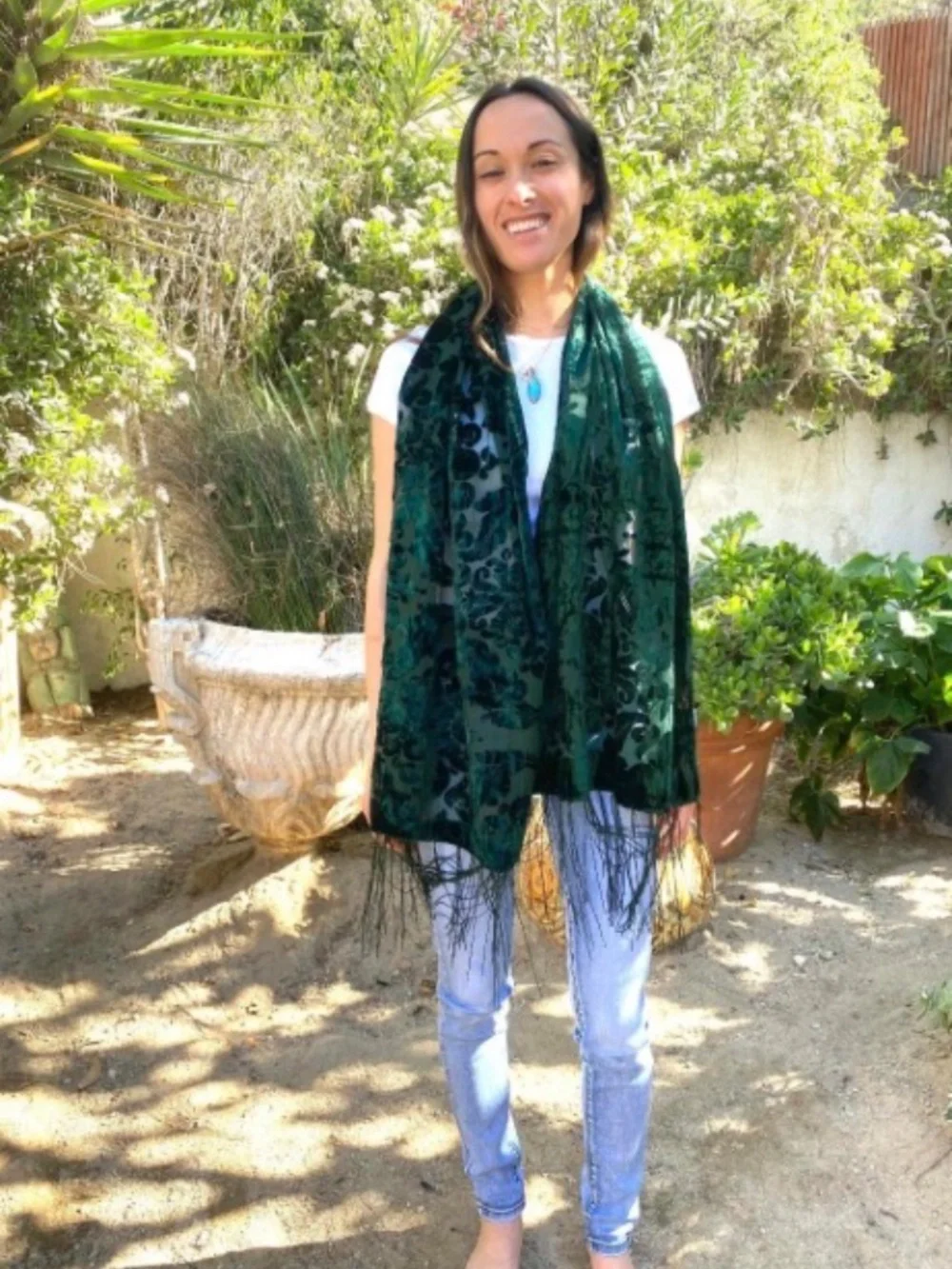 Beautiful Green Velvet Scarf, Semi Sheer, Burn out, Fringed, Piano Scarf, Damask